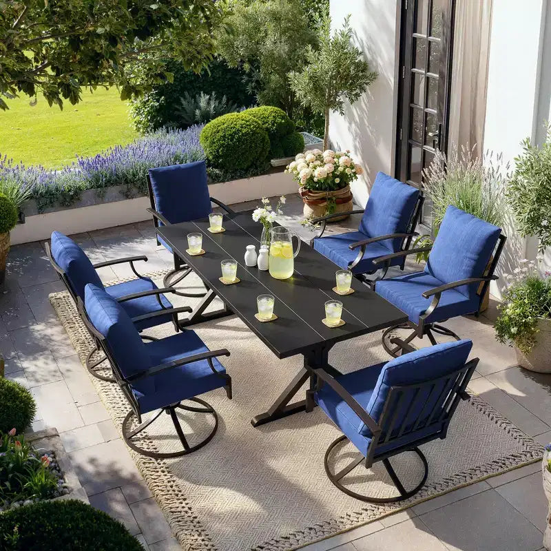 ALAULM Set da Pranzo per Patio 7 Pezzi, Set di Mobili da Esterno in Metallo con 6 Sedie Girevoli Basculanti e Tavolo Grande in Metallo con Foro per Ombrellone per Giardino, Cortile