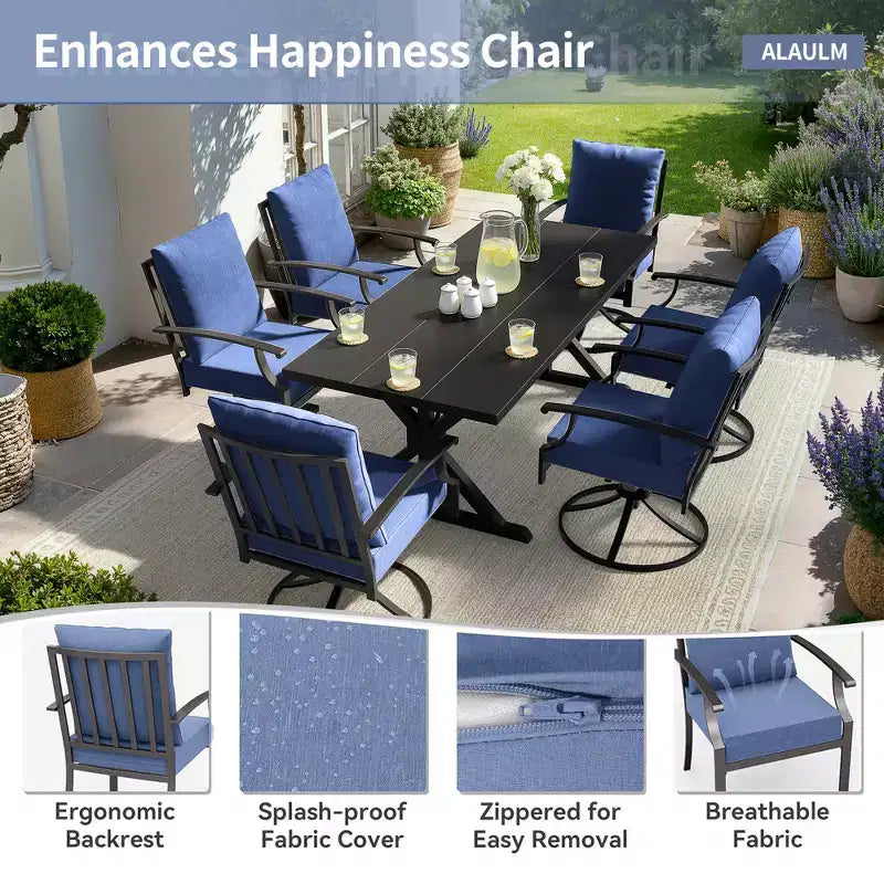ALAULM Set da Pranzo per Patio 7 Pezzi, Set di Mobili da Esterno in Metallo con 6 Sedie Girevoli Basculanti e Tavolo Grande in Metallo con Foro per Ombrellone per Giardino, Cortile