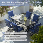 ALAULM Set da Pranzo per Patio 7 Pezzi, Set di Mobili da Esterno in Metallo con 6 Sedie Girevoli Basculanti e Tavolo Grande in Metallo con Foro per Ombrellone per Giardino, Cortile