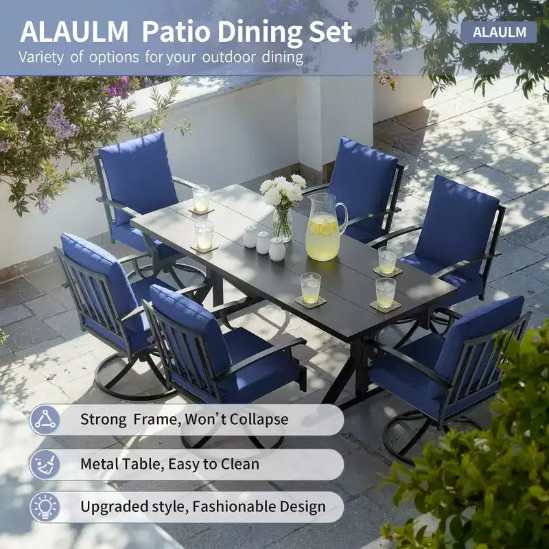 ALAULM Set da Pranzo per Patio 7 Pezzi, Set di Mobili da Esterno in Metallo con 6 Sedie Girevoli Basculanti e Tavolo Grande in Metallo con Foro per Ombrellone per Giardino, Cortile