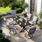 ALAULM Set da Pranzo per Patio 7 Pezzi, Set di Mobili da Esterno in Metallo con 6 Sedie Girevoli Basculanti e Tavolo Grande in Metallo con Foro per Ombrellone per Giardino, Cortile