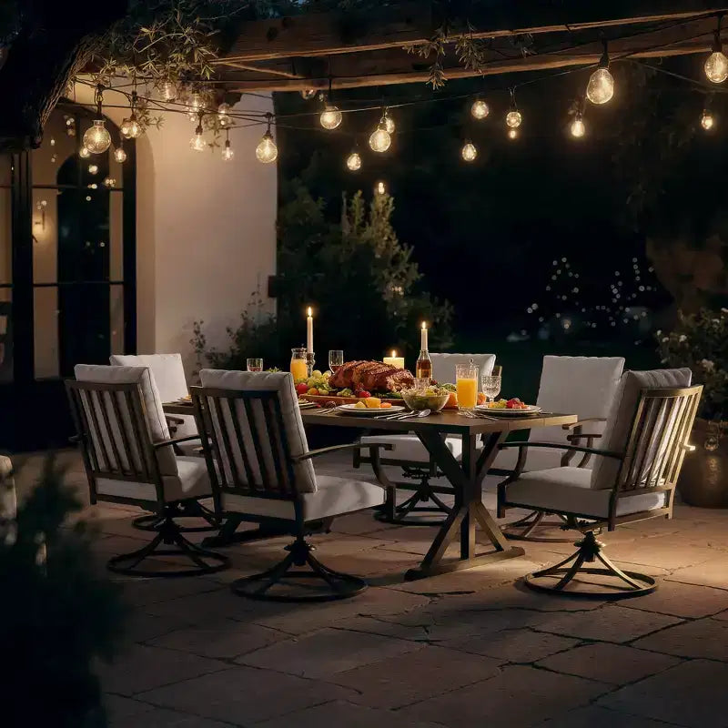 ALAULM Set da Pranzo per Patio 7 Pezzi, Set di Mobili da Esterno in Metallo con 6 Sedie Girevoli Basculanti e Tavolo Grande in Metallo con Foro per Ombrellone per Giardino, Cortile
