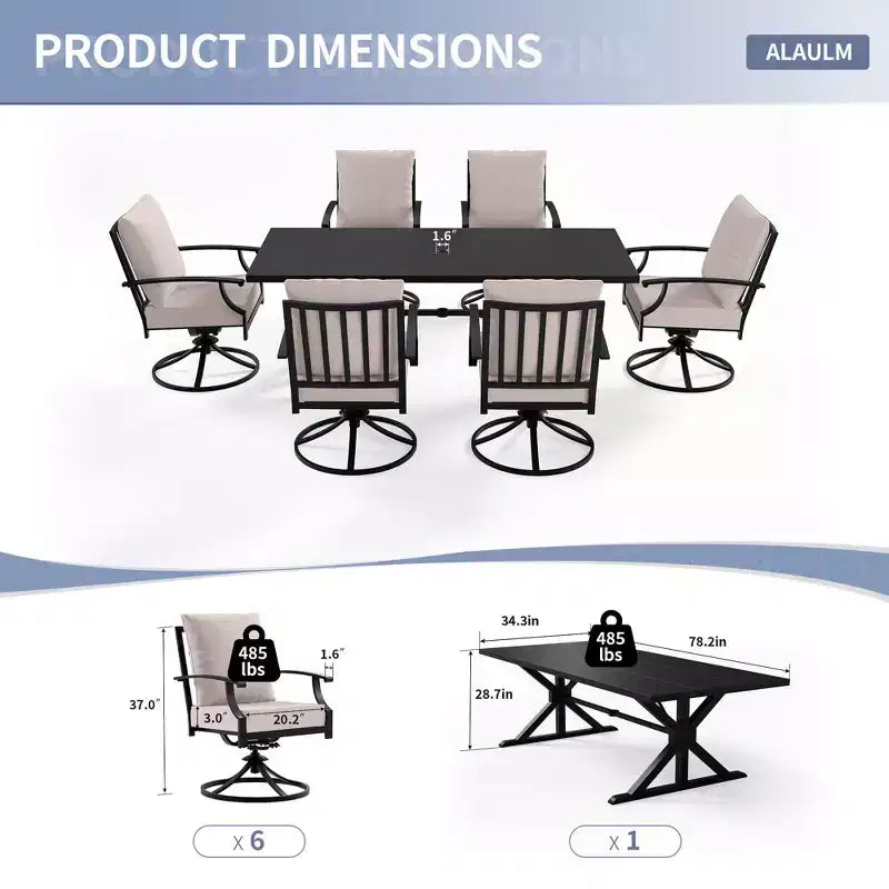 ALAULM Set da Pranzo per Patio 7 Pezzi, Set di Mobili da Esterno in Metallo con 6 Sedie Girevoli Basculanti e Tavolo Grande in Metallo con Foro per Ombrellone per Giardino, Cortile