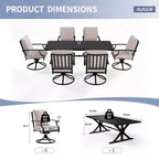 ALAULM Set da Pranzo per Patio 7 Pezzi, Set di Mobili da Esterno in Metallo con 6 Sedie Girevoli Basculanti e Tavolo Grande in Metallo con Foro per Ombrellone per Giardino, Cortile