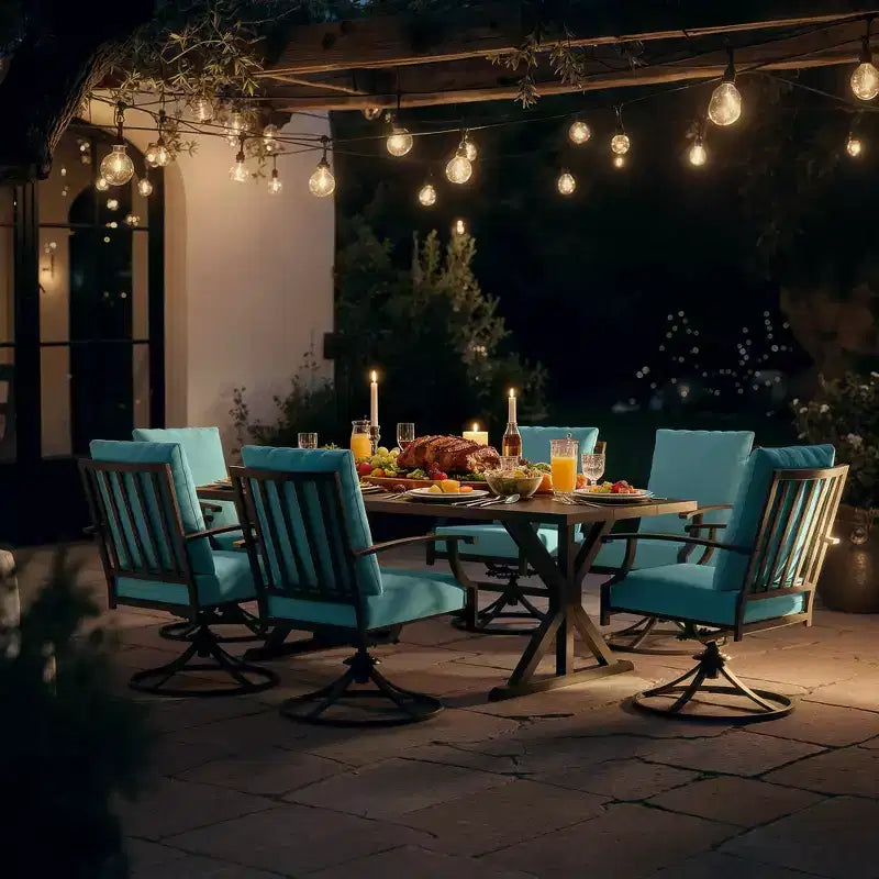 ALAULM Set da Pranzo per Patio 7 Pezzi, Set di Mobili da Esterno in Metallo con 6 Sedie Girevoli Basculanti e Tavolo Grande in Metallo con Foro per Ombrellone per Giardino, Cortile