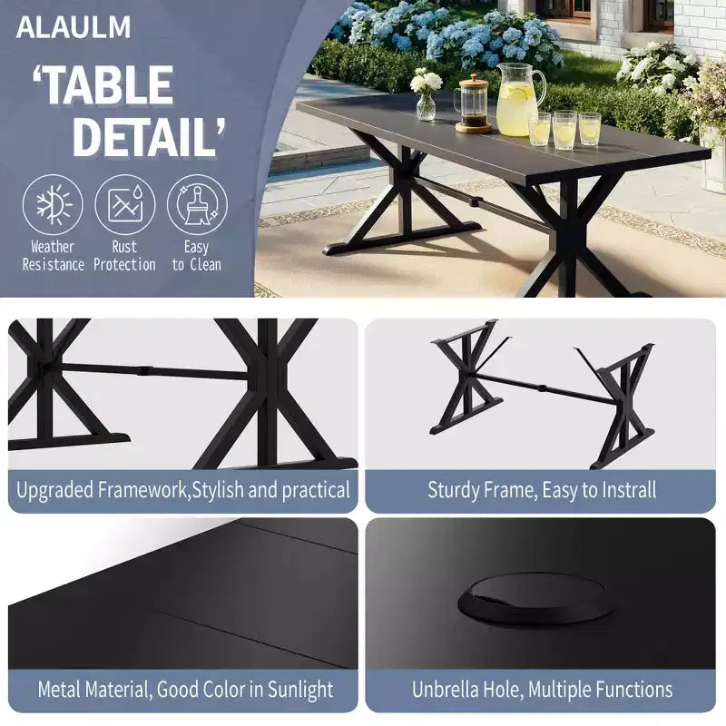 ALAULM Set da Pranzo per Patio 7 Pezzi, Set di Mobili da Esterno in Metallo con 6 Sedie Girevoli Basculanti e Tavolo Grande in Metallo con Foro per Ombrellone per Giardino, Cortile