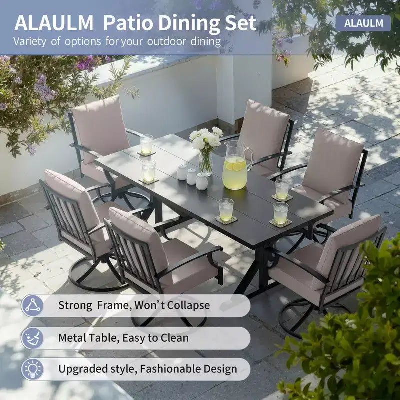 ALAULM Set da Pranzo per Patio 7 Pezzi, Set di Mobili da Esterno in Metallo con 6 Sedie Girevoli Basculanti e Tavolo Grande in Metallo con Foro per Ombrellone per Giardino, Cortile