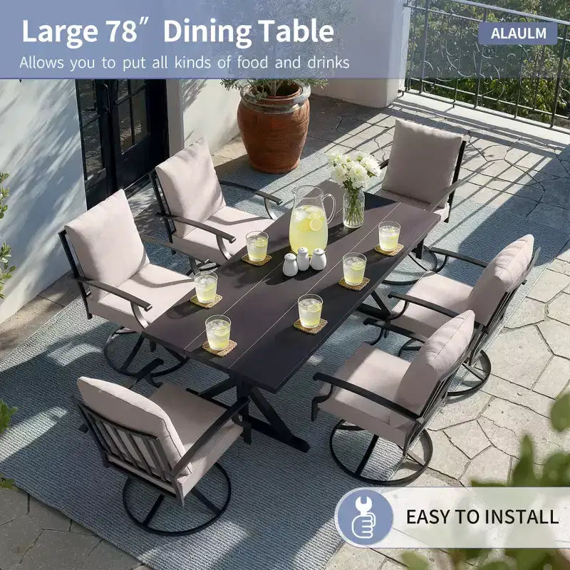 ALAULM Set da Pranzo per Patio 7 Pezzi, Set di Mobili da Esterno in Metallo con 6 Sedie Girevoli Basculanti e Tavolo Grande in Metallo con Foro per Ombrellone per Giardino, Cortile