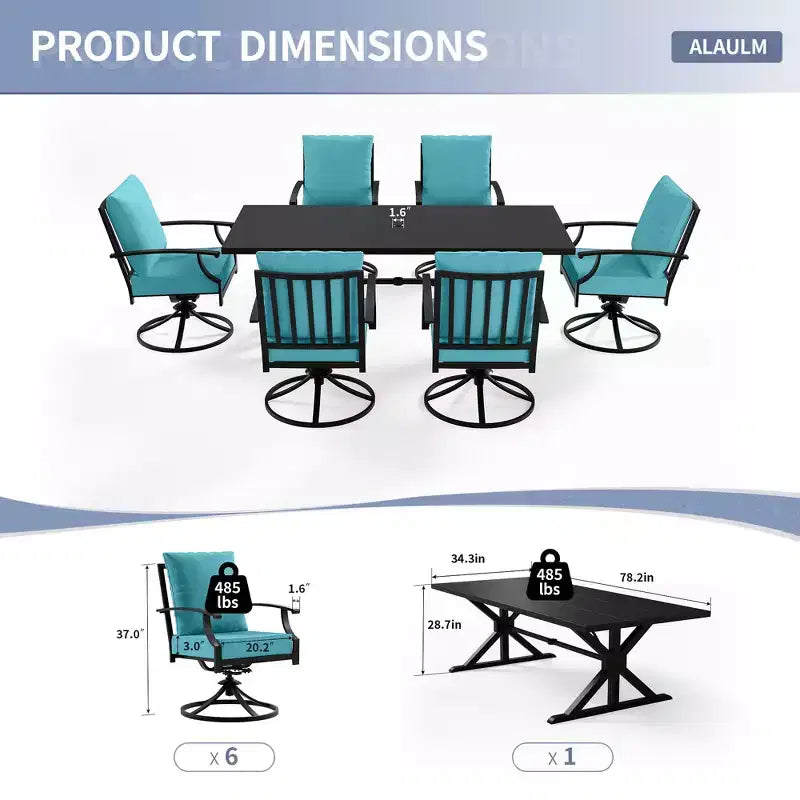 ALAULM Set da Pranzo per Patio 7 Pezzi, Set di Mobili da Esterno in Metallo con 6 Sedie Girevoli Basculanti e Tavolo Grande in Metallo con Foro per Ombrellone per Giardino, Cortile