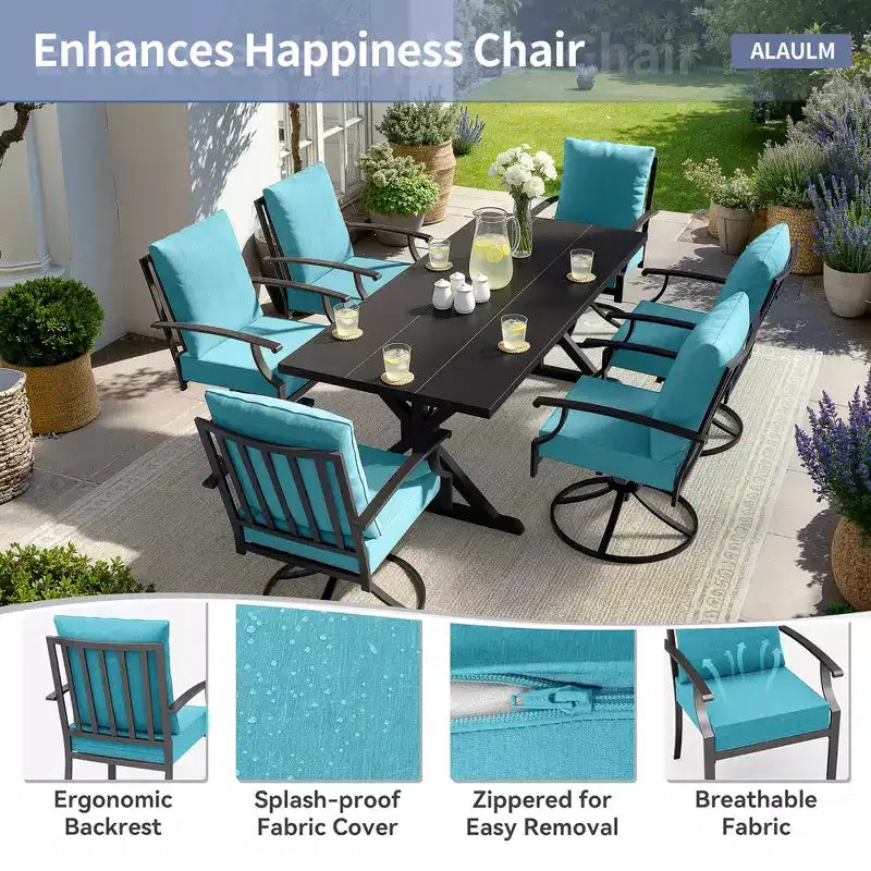 ALAULM Set da Pranzo per Patio 7 Pezzi, Set di Mobili da Esterno in Metallo con 6 Sedie Girevoli Basculanti e Tavolo Grande in Metallo con Foro per Ombrellone per Giardino, Cortile