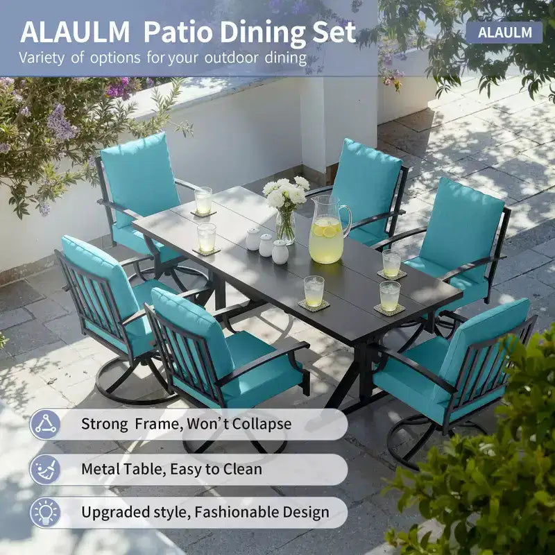 ALAULM Set da Pranzo per Patio 7 Pezzi, Set di Mobili da Esterno in Metallo con 6 Sedie Girevoli Basculanti e Tavolo Grande in Metallo con Foro per Ombrellone per Giardino, Cortile