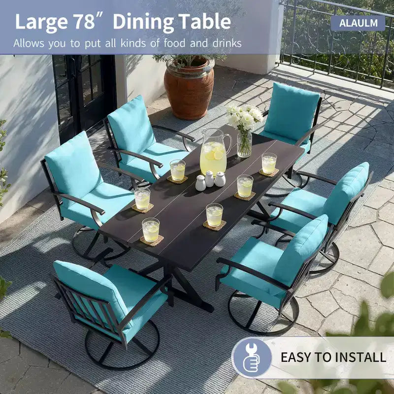 ALAULM Set da Pranzo per Patio 7 Pezzi, Set di Mobili da Esterno in Metallo con 6 Sedie Girevoli Basculanti e Tavolo Grande in Metallo con Foro per Ombrellone per Giardino, Cortile