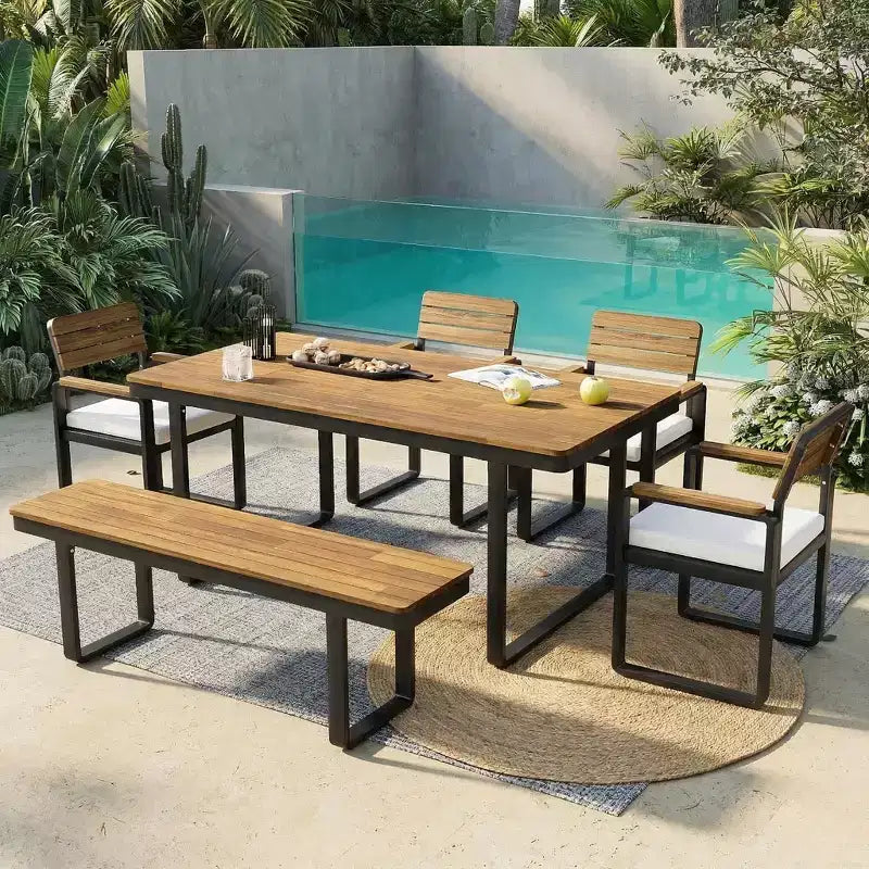 ModernLuxe Set da pranzo da esterno 6 pezzi per 6-7 persone, Set mobili da giardino Tavolo e sedie da pranzo con cuscini e Struttura resistente alle intemperie