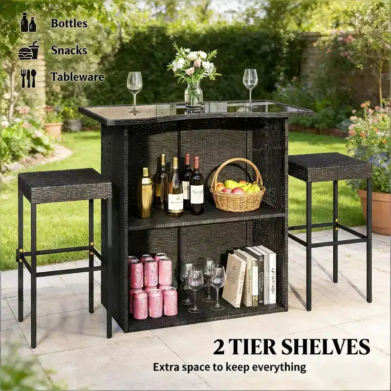 GDFStudio Jana Set da Bar Moderno da Esterno in 5 Pezzi in Metallo e Rattan PE con Tavolo con Piano in Vetro Temperato