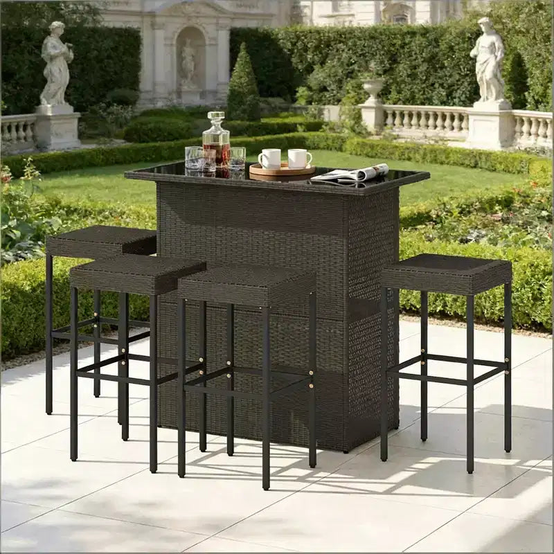 GDFStudio Jana Set da Bar Moderno da Esterno in 5 Pezzi in Metallo e Rattan PE con Tavolo con Piano in Vetro Temperato