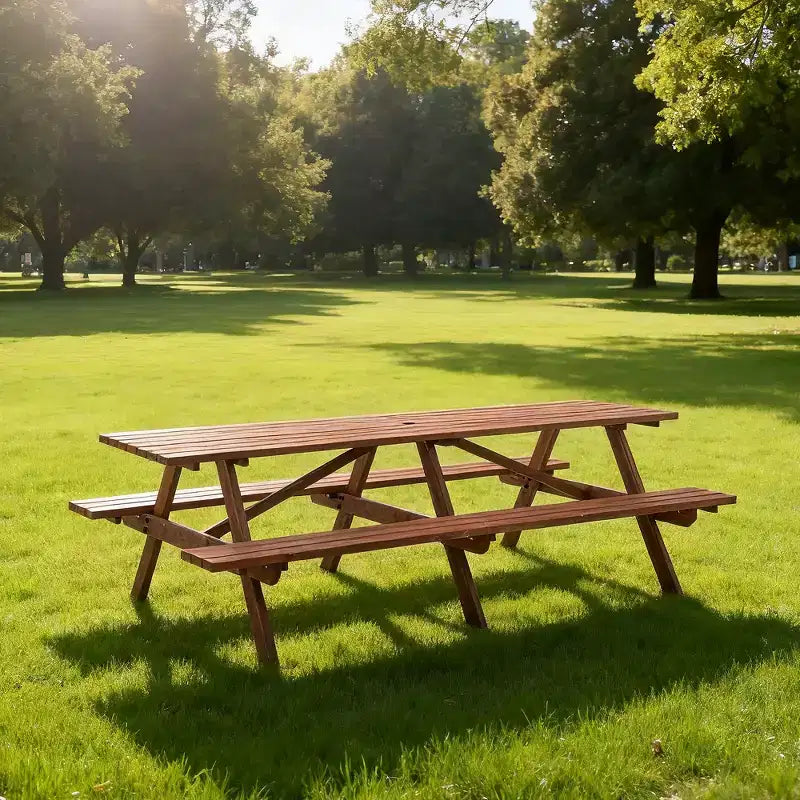 GDFStudio Everfield Outdoor 95-Inch Wooden Picnic Table Set with Built-in Benches and Umbrella Hole