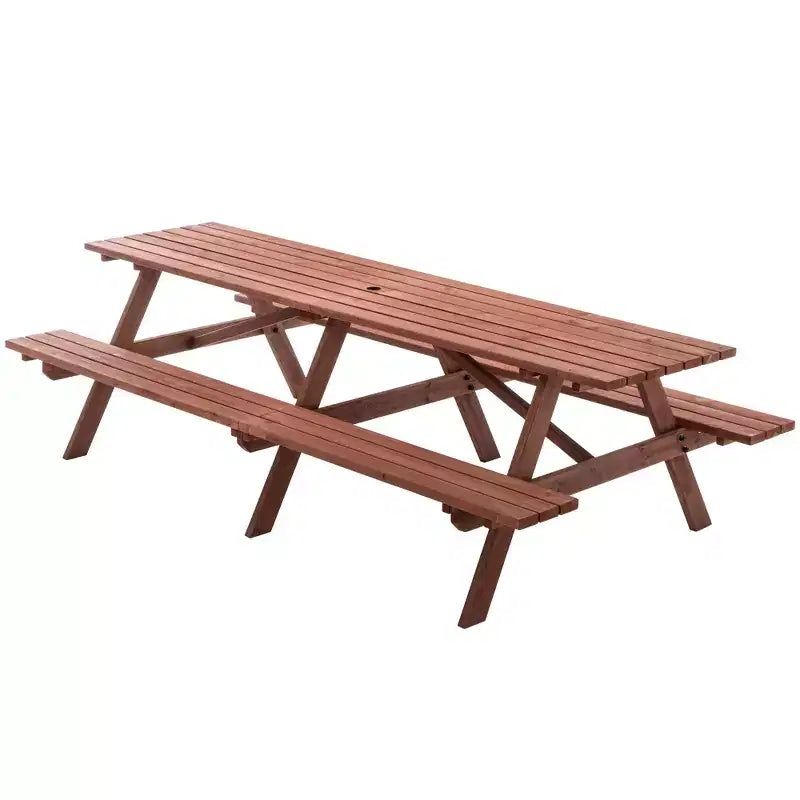 GDFStudio Everfield, set da tavolo da picnic da esterno in legno da 95 pollici con panche integrate e foro per ombrellone