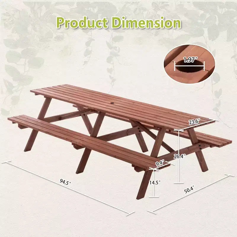 GDFStudio Everfield, set da tavolo da picnic da esterno in legno da 95 pollici con panche integrate e foro per ombrellone