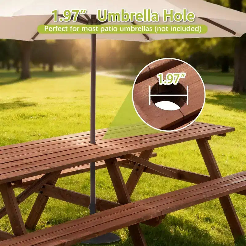 GDFStudio Everfield, set da tavolo da picnic da esterno in legno da 95 pollici con panche integrate e foro per ombrellone