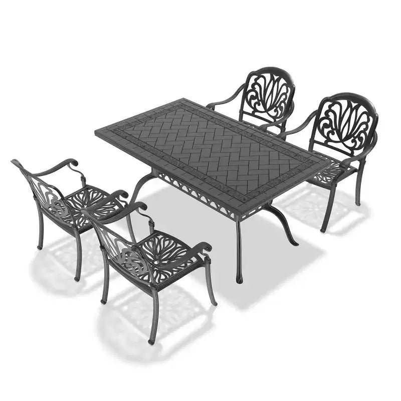 Set da pranzo da 5 pezzi rettangolare in alluminio fuso per patio, per esterni, giardino, terrazza, bordo piscina con cuscini