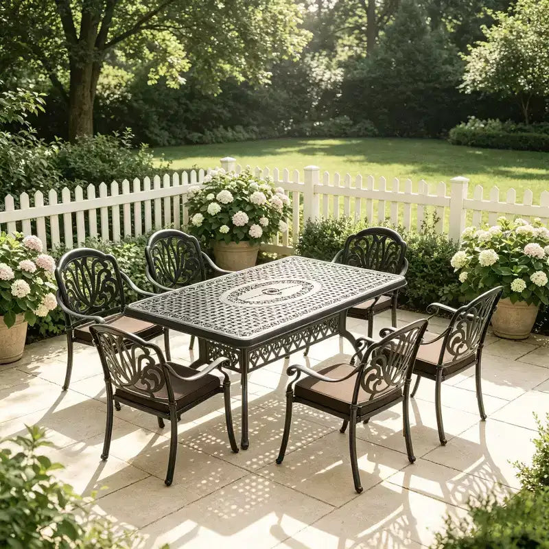 Set da pranzo da 5 pezzi rettangolare in alluminio fuso per patio, per esterni, giardino, terrazza, bordo piscina con cuscini