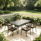 Set da pranzo da 5 pezzi rettangolare in alluminio fuso per patio, per esterni, giardino, terrazza, bordo piscina con cuscini