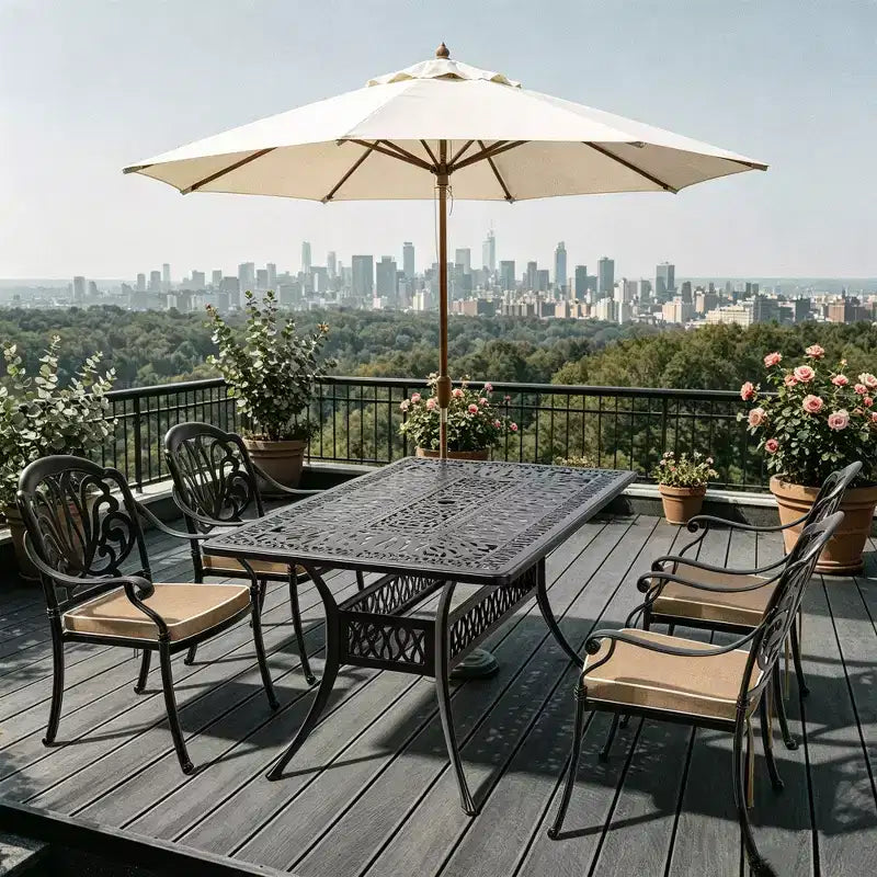 Set da pranzo da 5 pezzi rettangolare in alluminio fuso per patio, per esterni, giardino, terrazza, bordo piscina con cuscini