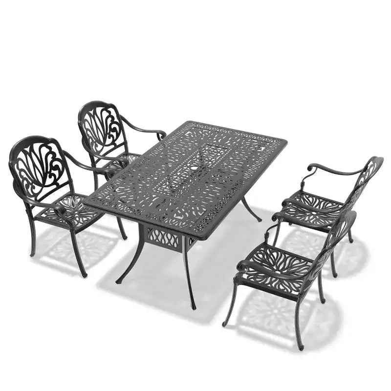 Set da pranzo da 5 pezzi rettangolare in alluminio fuso per patio, per esterni, giardino, terrazza, bordo piscina con cuscini