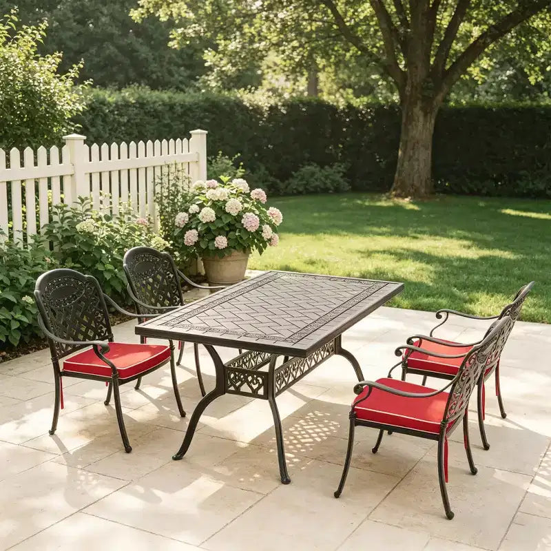Set da pranzo da 5 pezzi rettangolare in alluminio fuso per patio, per esterni, giardino, terrazza, bordo piscina con cuscini