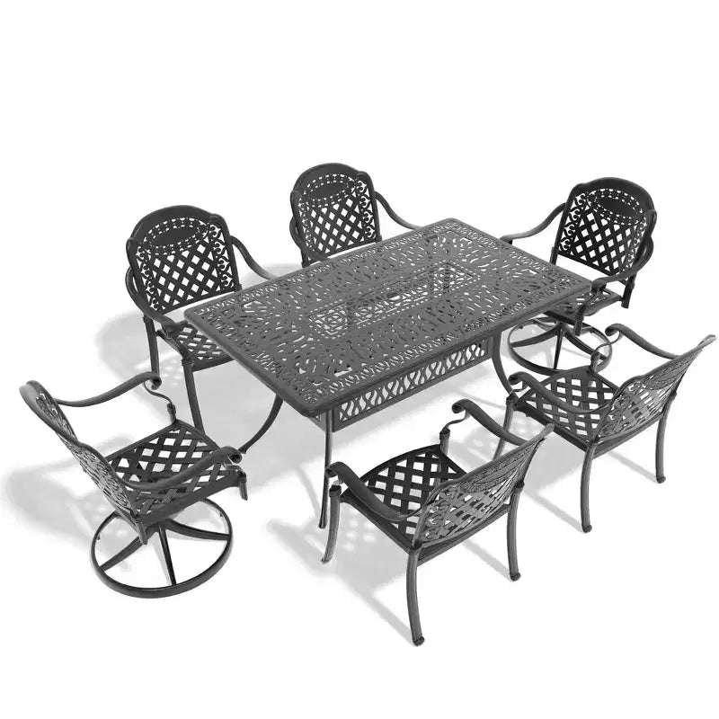 Set da pranzo da esterni in alluminio pressofuso da 7 pezzi, tavolo rettangolare con cuscini