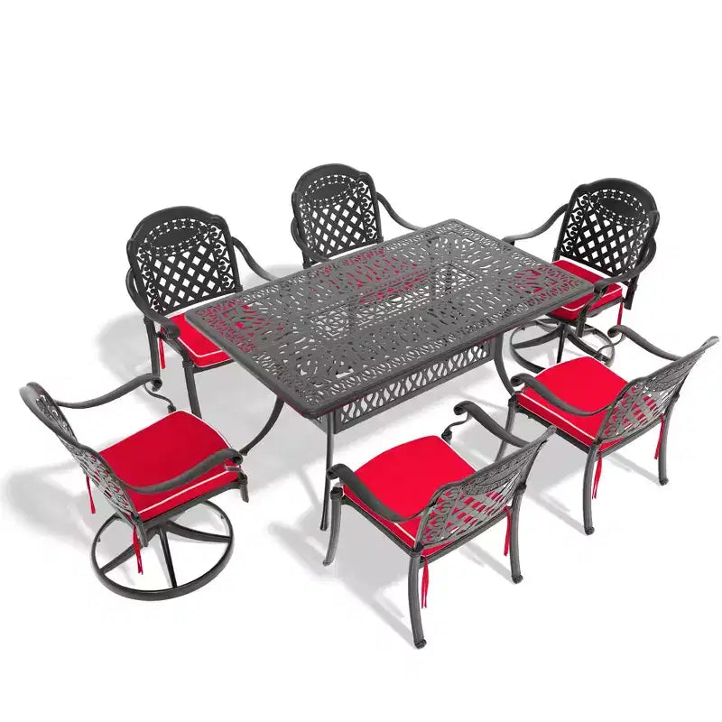 Set da pranzo da esterni in alluminio pressofuso da 7 pezzi, tavolo rettangolare con cuscini