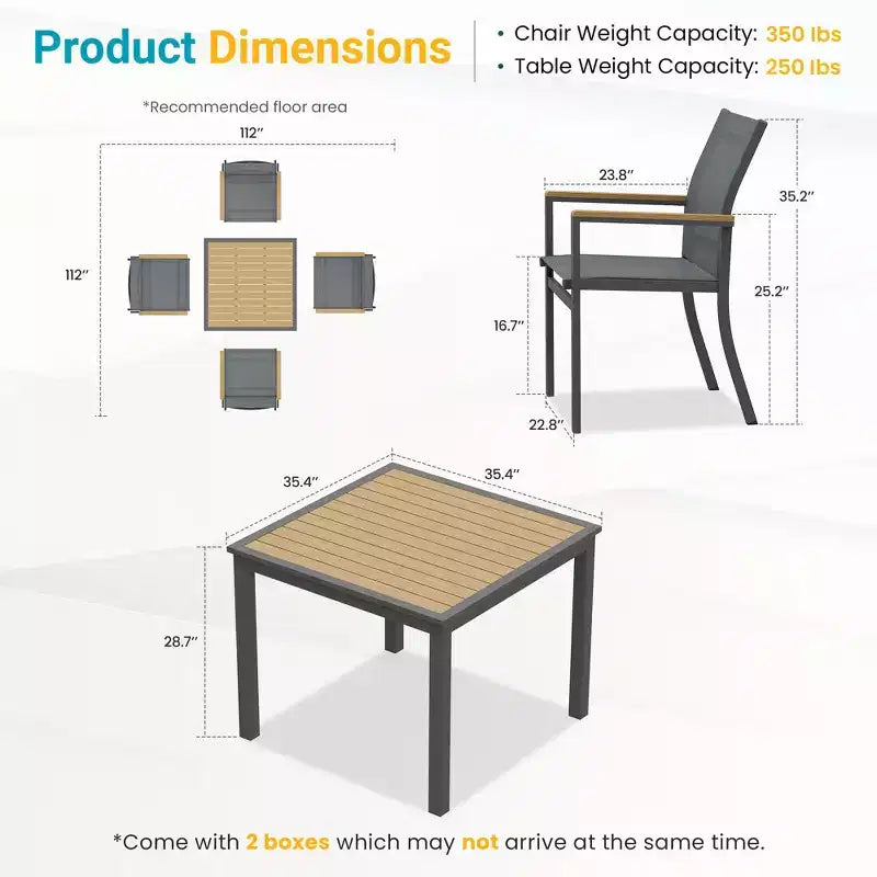 Heynemo Ensemble de salle à manger de patio en aluminium 5 pièces, 4 chaises d'extérieur avec table de patio carrée pour terrasse, jardin