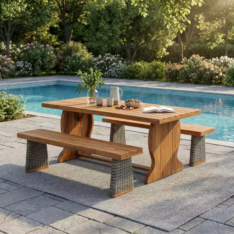 Christopher Knight Home Clara Ensemble de repas d'extérieur 3 pièces en acacia rustique avec bancs en rotin
