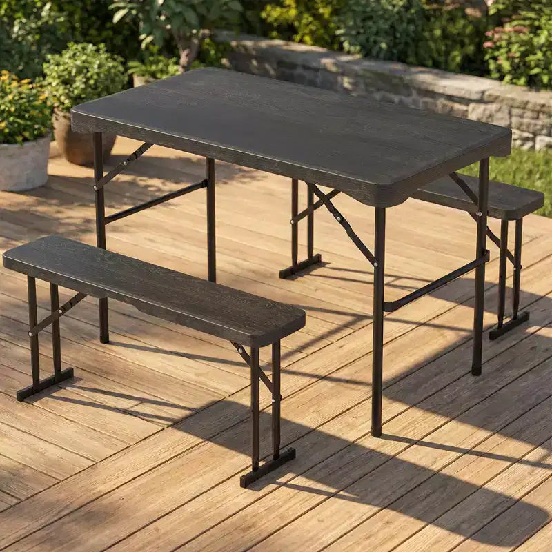 Ensemble table de pique-nique pliable Gymax avec 2 bancs et cadre en métal, surface en PEHD pour le camping et le jardin