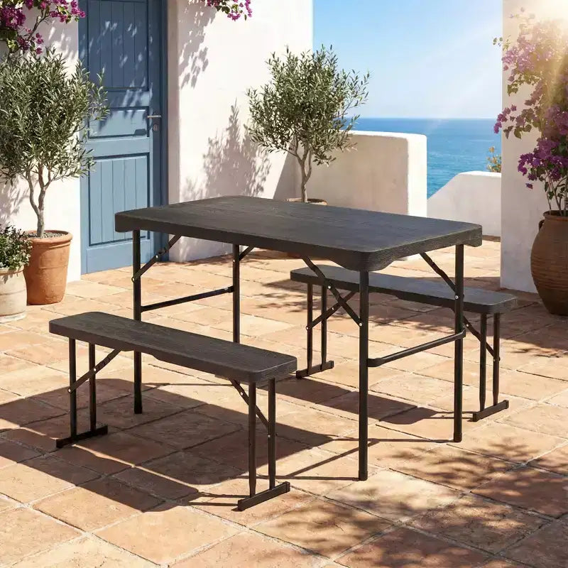 Ensemble table de pique-nique pliable Gymax avec 2 bancs et cadre en métal, surface en PEHD pour le camping et le jardin