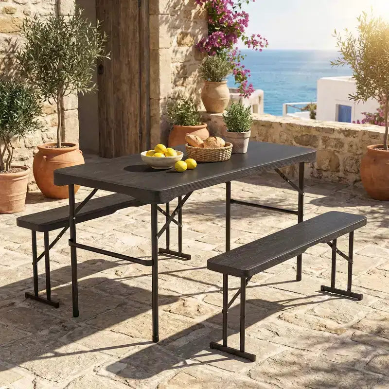 Ensemble table de pique-nique pliable Gymax avec 2 bancs et cadre en métal, surface en PEHD pour le camping et le jardin