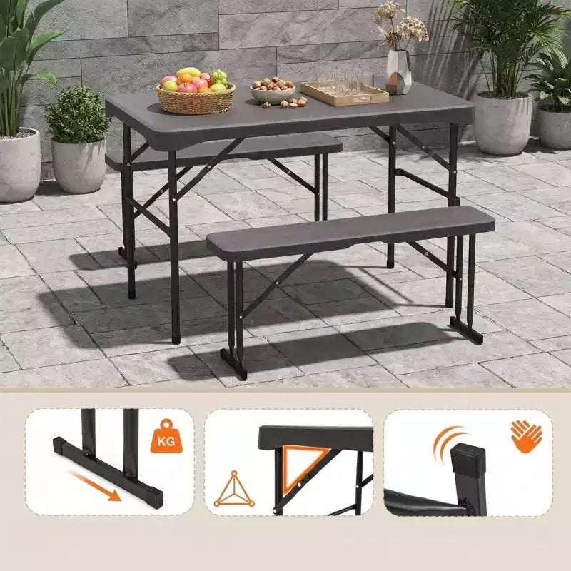 Ensemble table de pique-nique pliable Gymax avec 2 bancs et cadre en métal, surface en PEHD pour le camping et le jardin