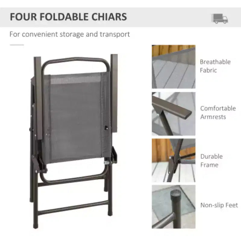 Ensemble de salle à manger de patio 6 pièces pour 4 avec parasol/ensemble extérieur avec 4 chaises de salle à manger pliantes et table ronde en verre pour jardin, arrière-cour et bord de piscine - Gris