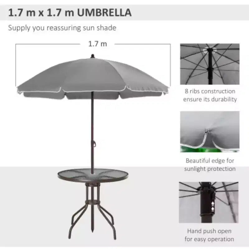 Ensemble de salle à manger de patio 6 pièces pour 4 avec parasol/ensemble extérieur avec 4 chaises de salle à manger pliantes et table ronde en verre pour jardin, arrière-cour et bord de piscine - Gris