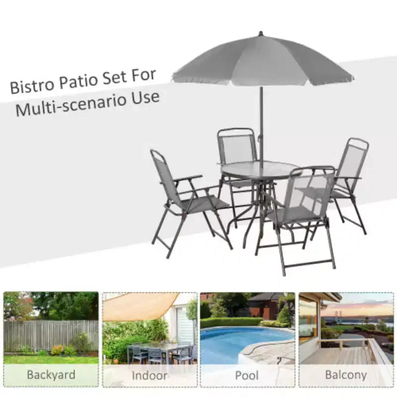 Ensemble de salle à manger de patio 6 pièces pour 4 avec parasol/ensemble extérieur avec 4 chaises de salle à manger pliantes et table ronde en verre pour jardin, arrière-cour et bord de piscine - Gris