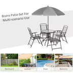 Ensemble de salle à manger de patio 6 pièces pour 4 avec parasol/ensemble extérieur avec 4 chaises de salle à manger pliantes et table ronde en verre pour jardin, arrière-cour et bord de piscine - Gris