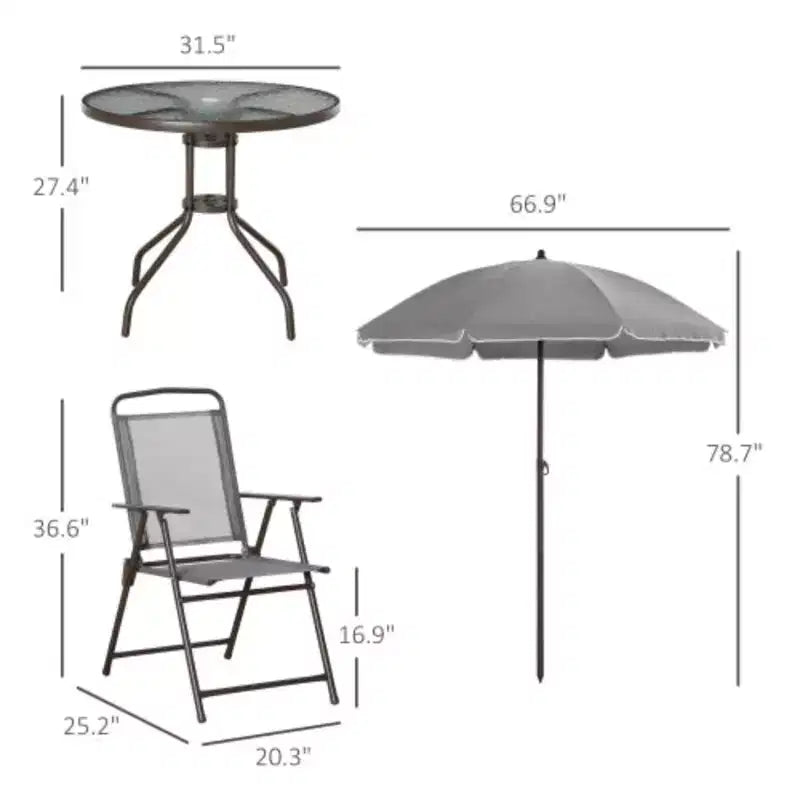 Ensemble de salle à manger de patio 6 pièces pour 4 avec parasol/ensemble extérieur avec 4 chaises de salle à manger pliantes et table ronde en verre pour jardin, arrière-cour et bord de piscine - Gris