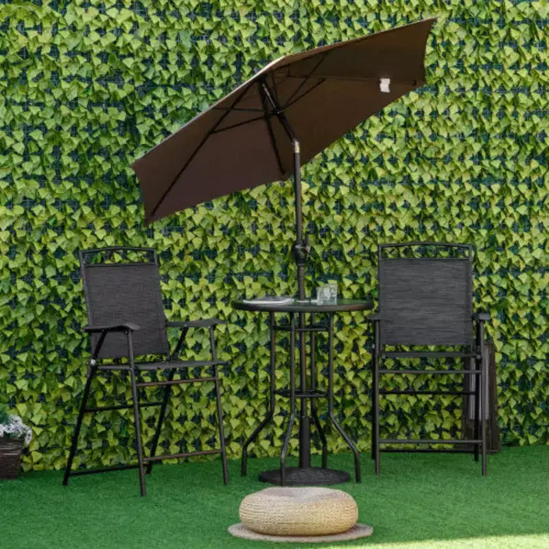 Set da pranzo da esterno a 4 pezzi con tavolo in vetro temperato a trama ondulata, 2 sedie pieghevoli e ombrellone ad angolo regolabile per patio giardino - Nero
