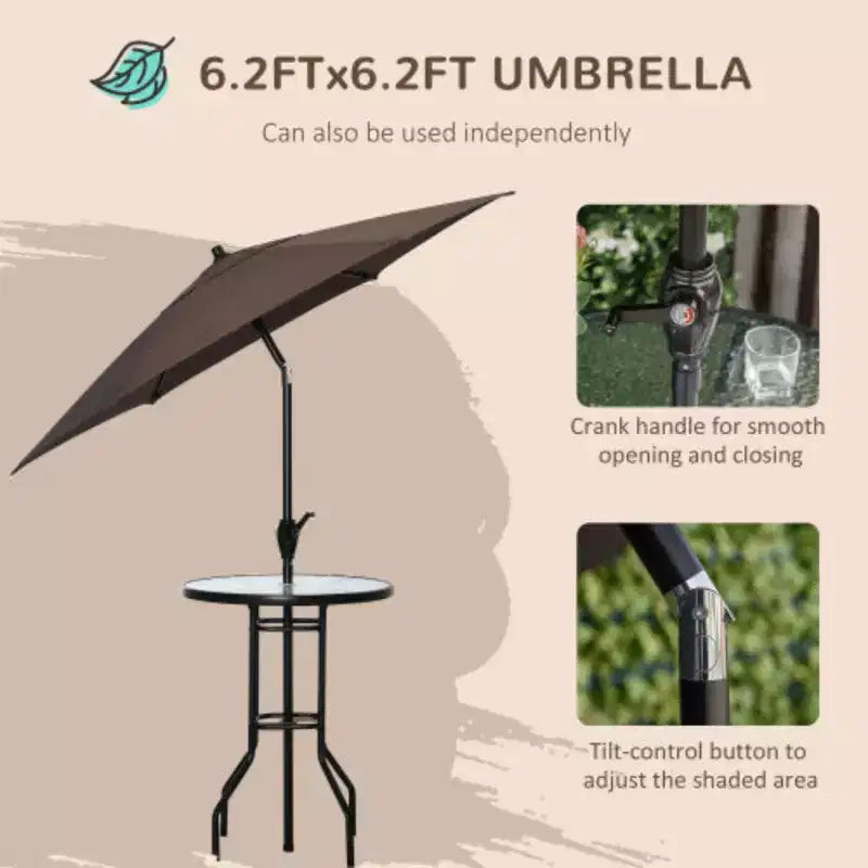 Set da pranzo da esterno a 4 pezzi con tavolo in vetro temperato a trama ondulata, 2 sedie pieghevoli e ombrellone ad angolo regolabile per patio giardino - Nero