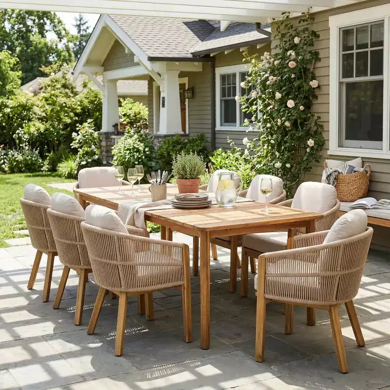 Christopher Knight Home Visola, ensemble de 9 chaises de salle à manger bohèmes en bois d'acacia et corde tressée avec table à lattes et coussins