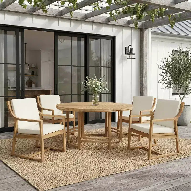 GDFStudio Rhodes Ensemble de salle à manger d'extérieur 5 pièces en bois d'acacia avec trou pour parasol