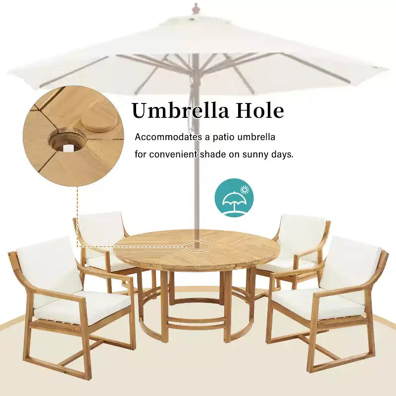 GDFStudio Rhodes Ensemble de salle à manger d'extérieur 5 pièces en bois d'acacia avec trou pour parasol