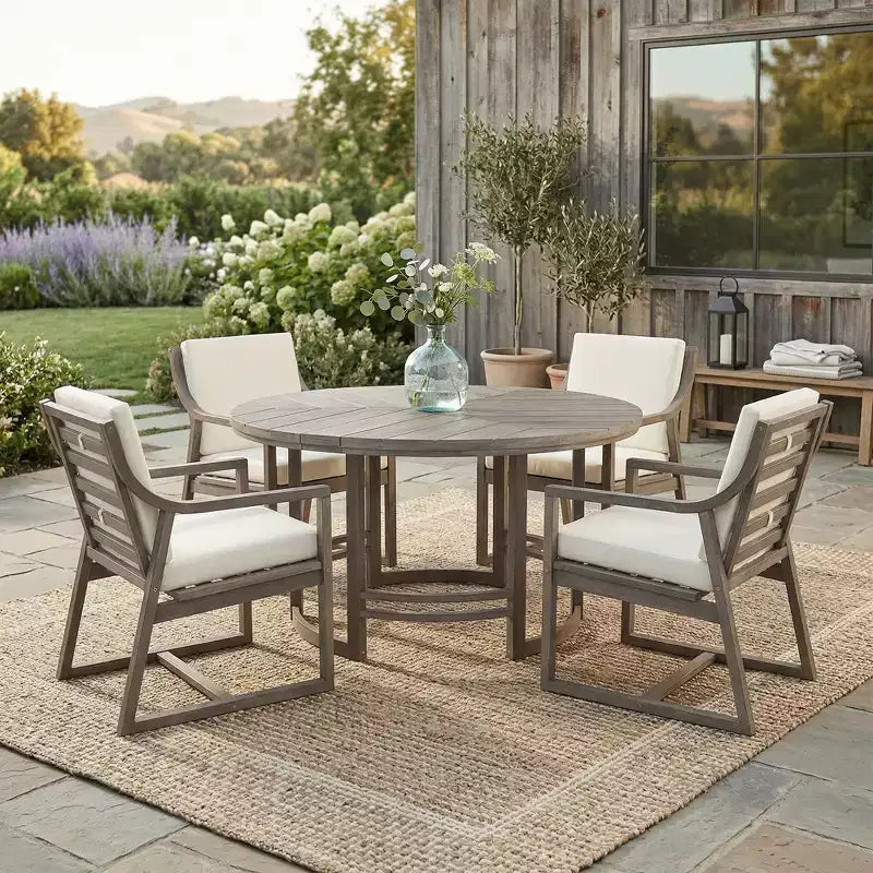 GDFStudio Rhodes Ensemble de salle à manger d'extérieur 5 pièces en bois d'acacia avec trou pour parasol