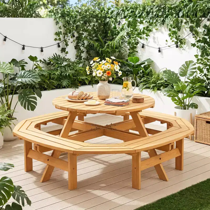 Table de pique-nique ronde en bois pour 8 personnes, table de salle à manger de camping d'extérieur avec bancs intégrés et trou pour parasol, ensemble de table d'extérieur pour jardin, arrière-cour, patio.