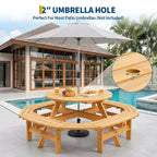 Table de pique-nique ronde en bois pour 8 personnes, table de salle à manger de camping d'extérieur avec bancs intégrés et trou pour parasol, ensemble de table d'extérieur pour jardin, arrière-cour, patio.